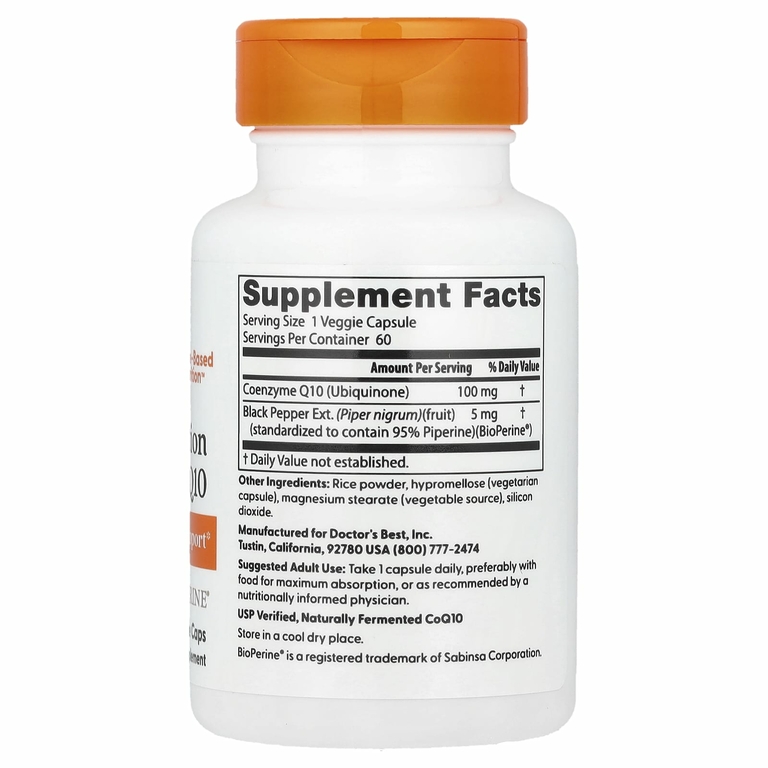 Doctor's Best, коэнзим Q10 с высокой степенью всасывания, с BioPerine, 100 мг, 60 вегетарианских капсул