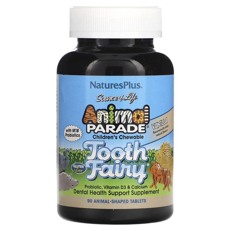 NaturesPlus, Source of Life, Animal Parade, детский жевательный пробиотик от зубной феи с пробиотиками M18, натуральный вкус ванили, 90 таблеток в форме животных
