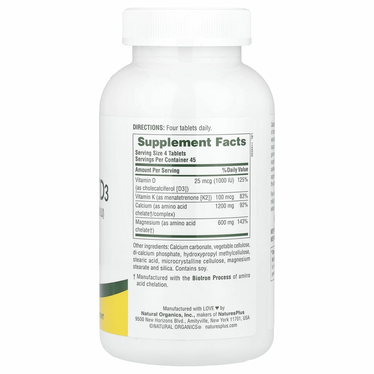 NaturesPlus, комплекс с кальцием, магнием, витаминами D3 и К2, 180 таблеток