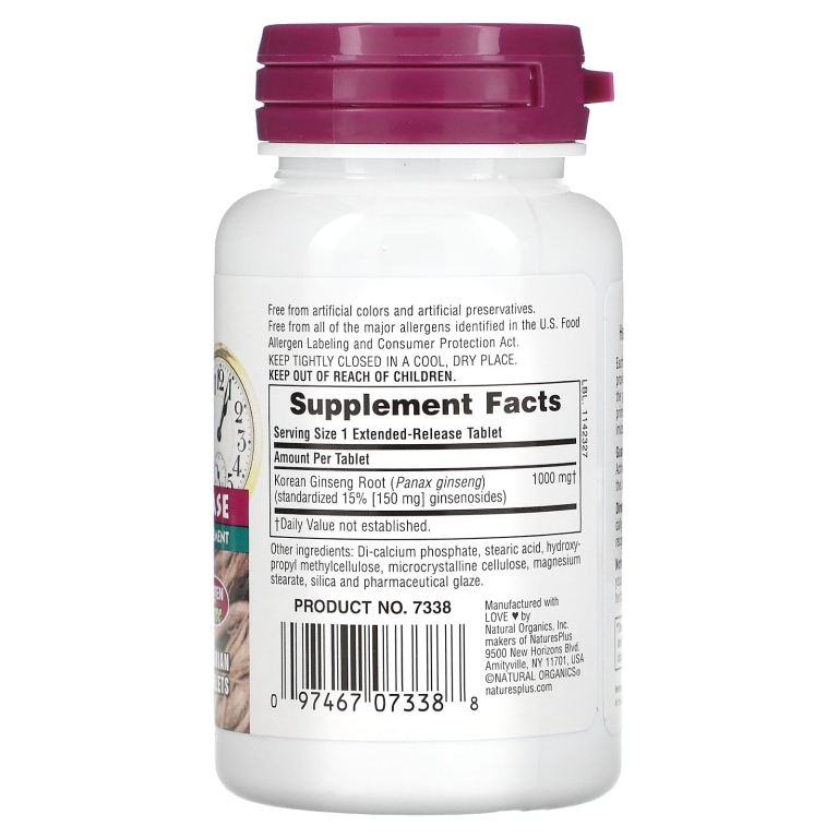 NaturesPlus, Herbal Actives, корейский женьшень, с замедленным высвобождением, 1000 мг, 30 вегетарианских таблеток
