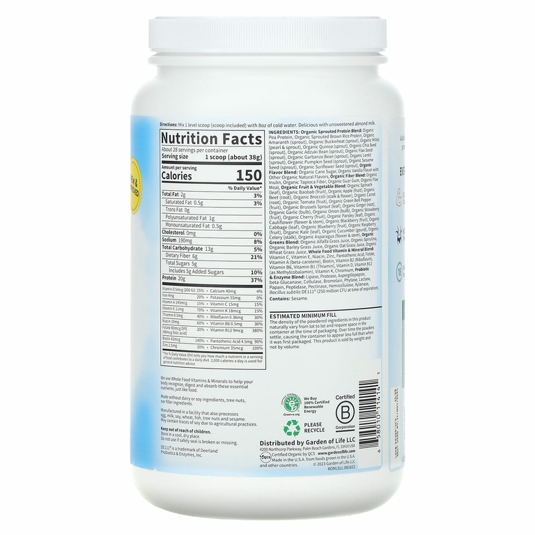 Garden of Life, необработанный органический продукт, заменитель коктейлей и пищи, 1038 г (2 фунта 5 унций)