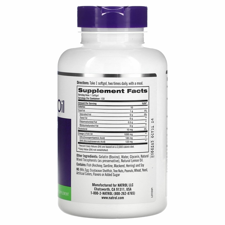Natrol, рыбий жир омега-3, натуральный лимонный вкус, 1000 мг, 150 мягких таблеток