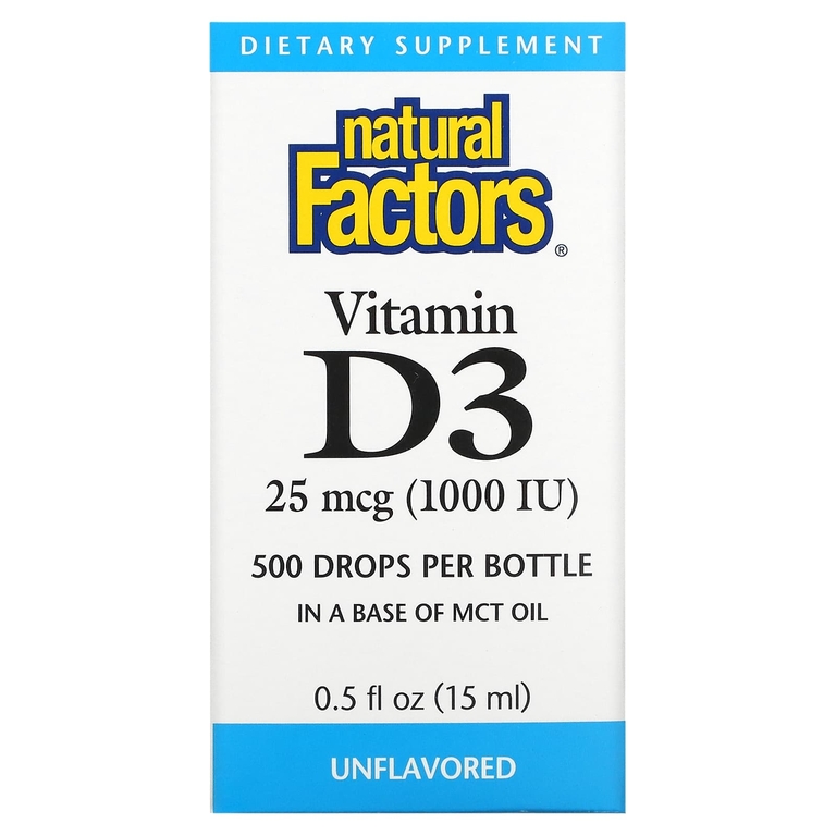Natural Factors, Витамин D3 в каплях, без ароматизаторов, 25 мкг (1000 МЕ), 15 мл (0,5 жидкой унции)