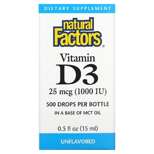 Natural Factors, Витамин D3 в каплях, без ароматизаторов, 25 мкг (1000 МЕ), 15 мл (0,5 жидкой унции)