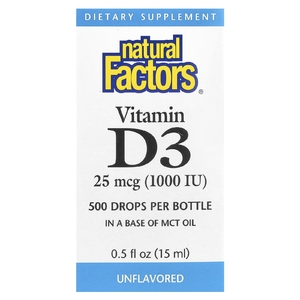 Natural Factors, Витамин D3 в каплях, без ароматизаторов, 25 мкг (1000 МЕ), 15 мл (0,5 жидкой унции)