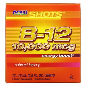 NOW Foods, Shots, витамин B12, ягодное ассорти, 10 000 мкг, 12 порций по 15 мл (0,5 жидк. унции)
