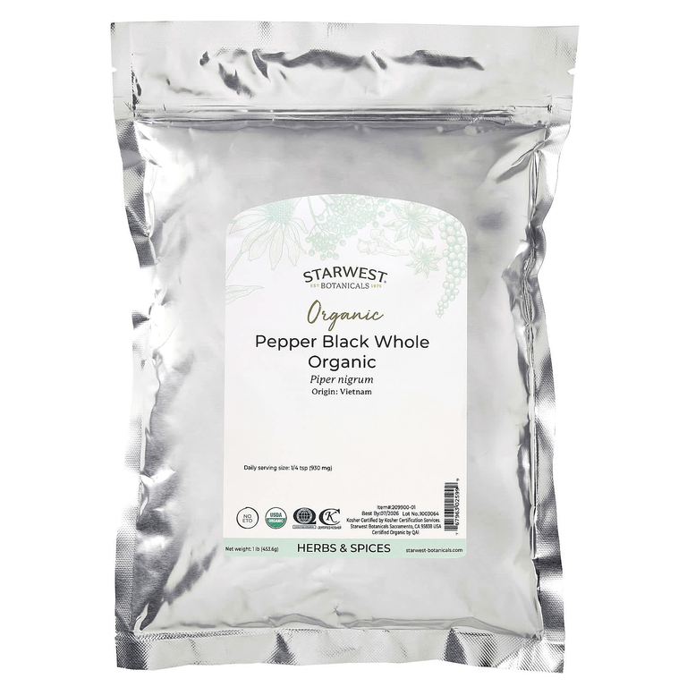 Starwest Botanicals, цельный малабарский черный перец, органический, 453,6 г (1 фунт)