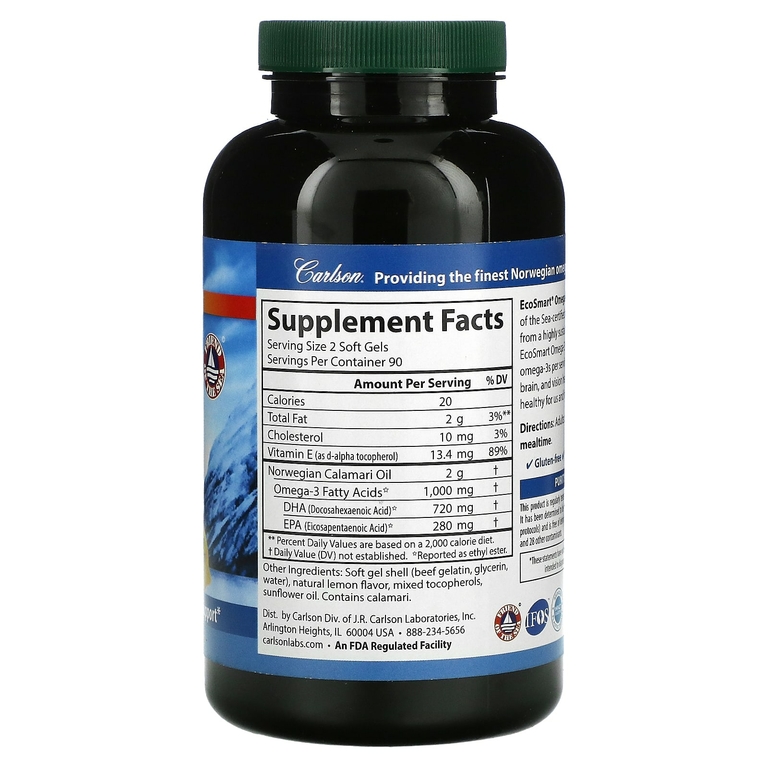 Carlson, EcoSmart, омега-3, с натуральным лимонным вкусом, 1000 мг, 180 капсул (500 мг в 1 капсуле)
