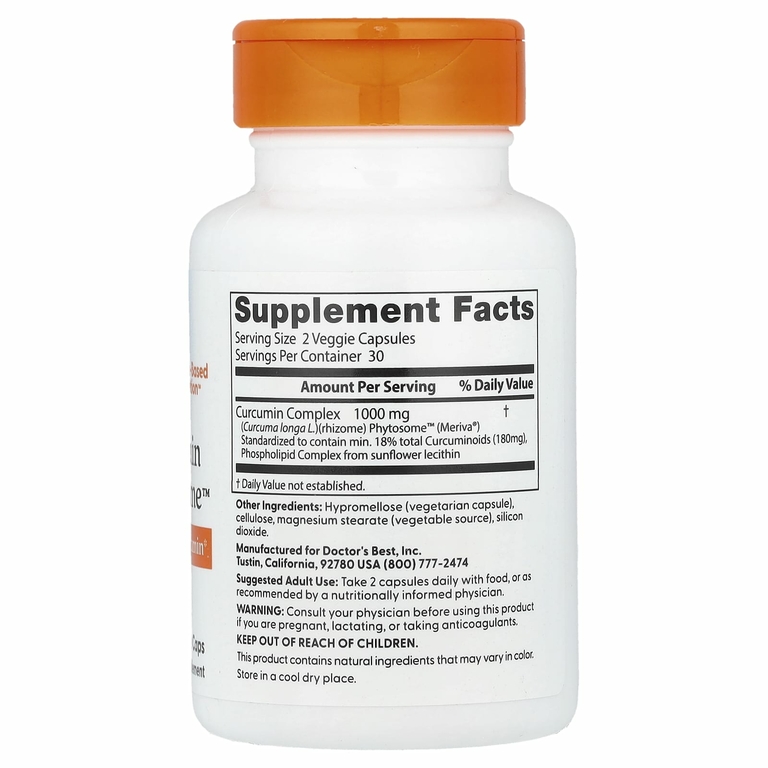 Doctor's Best, Curcumin Phytosome, куркумин, 1000 мг, 60 растительных капсул (500 мг в 1 капсуле)