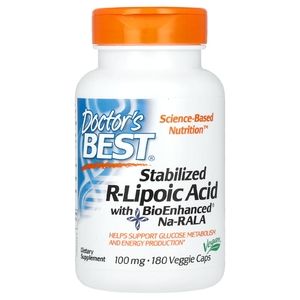 Doctor's Best, стабилизированная R-липоевая кислота с BioEnhanced Na-RALA, 100 мг, 180 вегетарианских капсул
