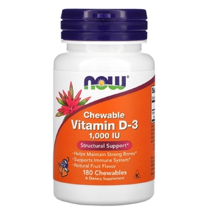 NOW Foods, жевательный витамин D3, натуральный фруктовый вкус, 1000 МЕ, 180 жевательных таблеток