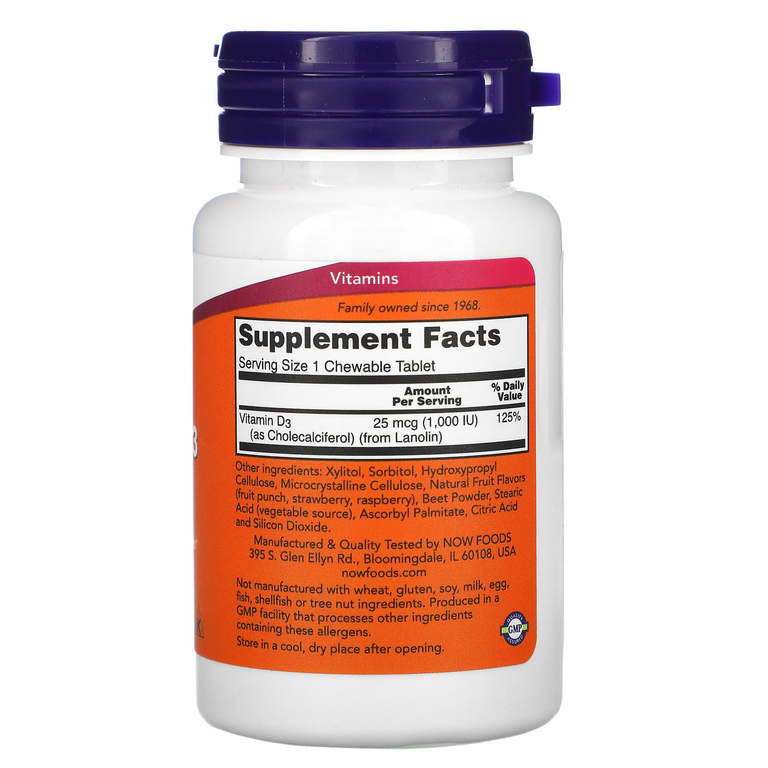 NOW Foods, жевательный витамин D3, натуральный фруктовый вкус, 1000 МЕ, 180 жевательных таблеток