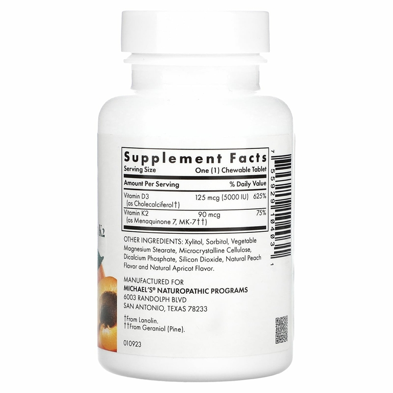 Michael's Naturopathic, витамин D3, с витамином K2, вкус абрикоса, 5000 мкг, 90 вегетарианских жевательных таблеток