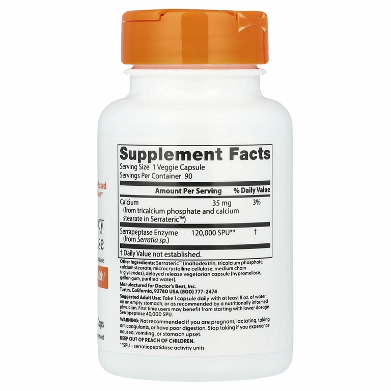 Doctor's Best, серрапептаза высокой эффективности, 120 000 SPU, 90 вегетарианских капсул
