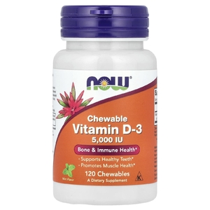 NOW Foods, жевательный витамин D3, натуральный мятный вкус, 5000 МЕ, 120 жевательных таблеток
