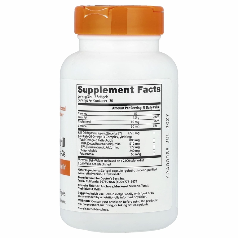 Doctor's Best, обогащенный криль с омега-3 из криля Superba, 60 капсул
