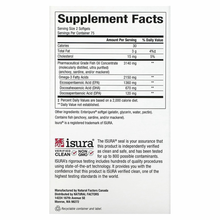 Natural Factors, RxOmega-3, омега-3 повышенной силы действия, 2150 мг, 150 капсул (1075 мг в 1 капсуле)