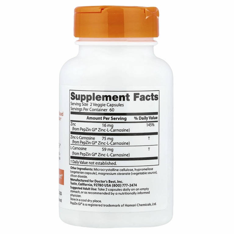Doctor's Best, комплекс с цинк-L-карнозином PepZin GI®, 120 растительных капсул