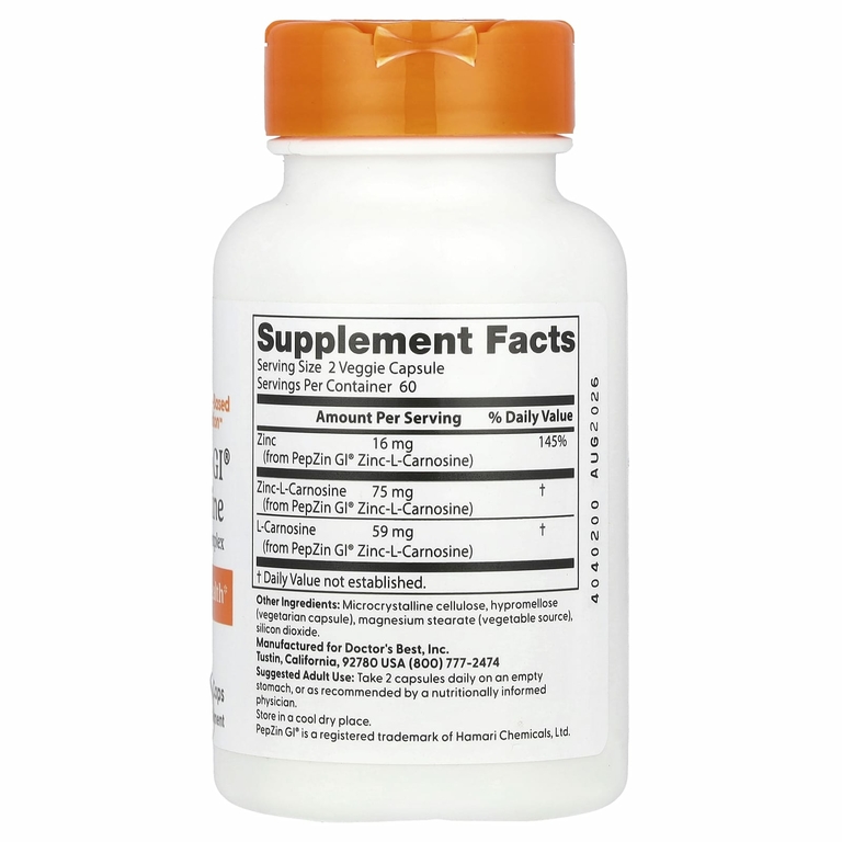 Doctor's Best, PepZin GI®, комплекс с цинк-L-карнозином, 120 растительных капсул