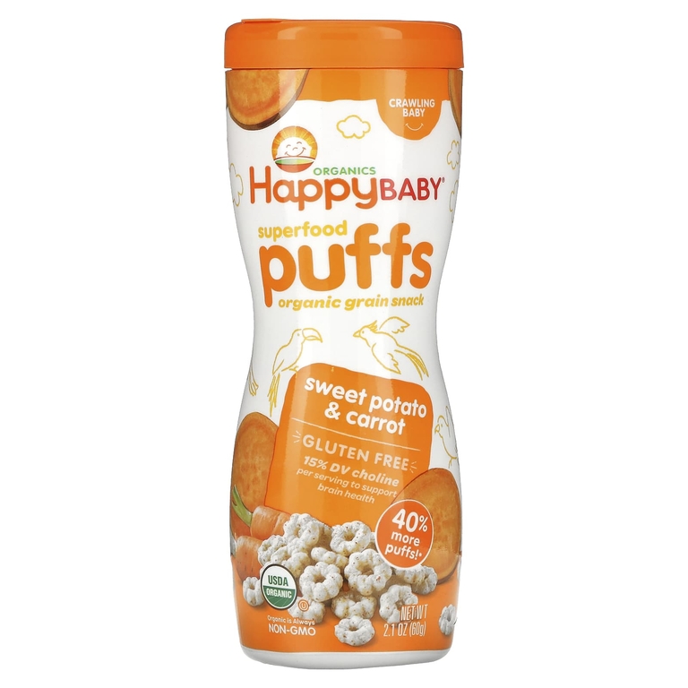 Happy Family Organics, Колечки из суперпродуктов, органическая злаковая закуска, сладкий картофель и морковь, 60 г (2,1 унции)
