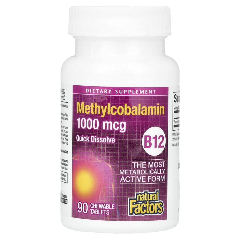 Natural Factors, витамин B12, метилкобаламин, 1000 мкг, 90 жевательных таблеток