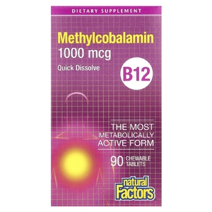 Natural Factors, витамин B12, метилкобаламин, 1000 мкг, 90 жевательных таблеток