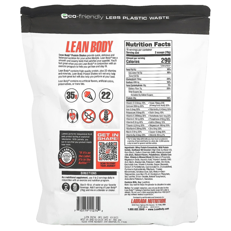 Labrada Nutrition, Lean Body, высокопротеиновый заменитель еды, шоколад, 1120 г (2,47 фунта)