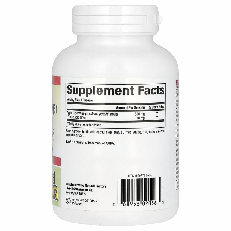 Natural Factors, ферментированный яблочный уксус, 500 мг, 180 капсул, которые легко глотать