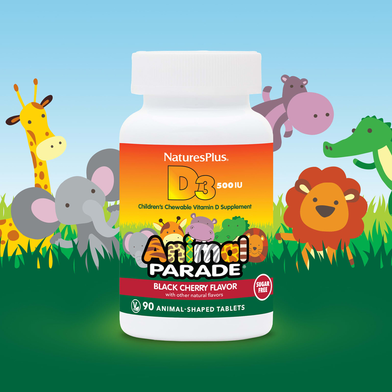 NaturesPlus, Source of Life, Animal Parade, витамин D3, без сахара, с натуральным вкусом черешни, 12,5 мкг (500 МЕ), 90 таблеток в форме животных