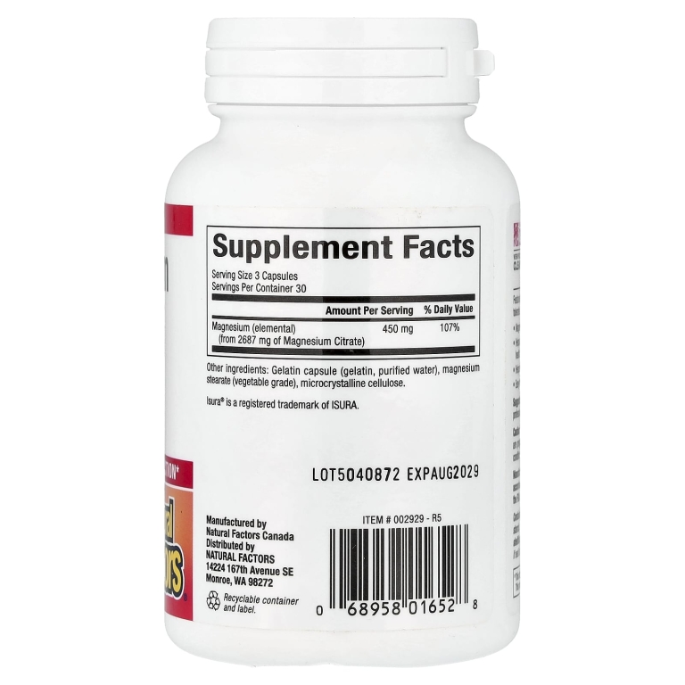 Natural Factors, цитрат магния, 90 капсул (150 мг в 1 капсуле)