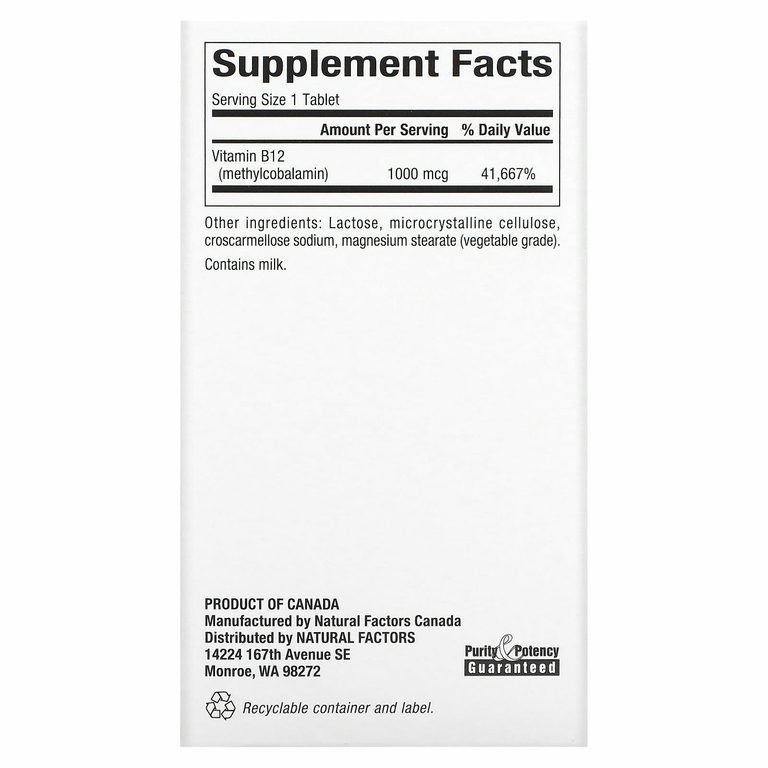 Natural Factors, B12, метилкобаламин, 1000 мкг, 180 жевательных таблеток