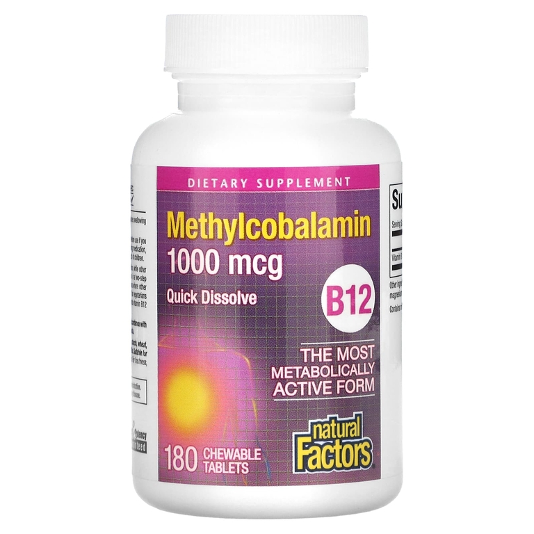 Natural Factors, B12, метилкобаламин, 1000 мкг, 180 жевательных таблеток