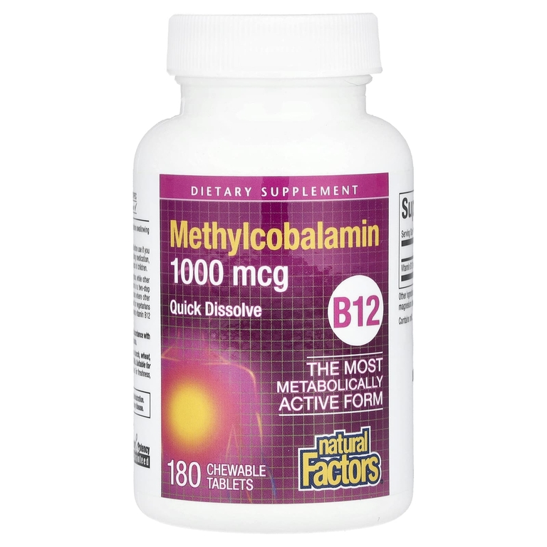 Natural Factors, B12, метилкобаламин, 1000 мкг, 180 жевательных таблеток