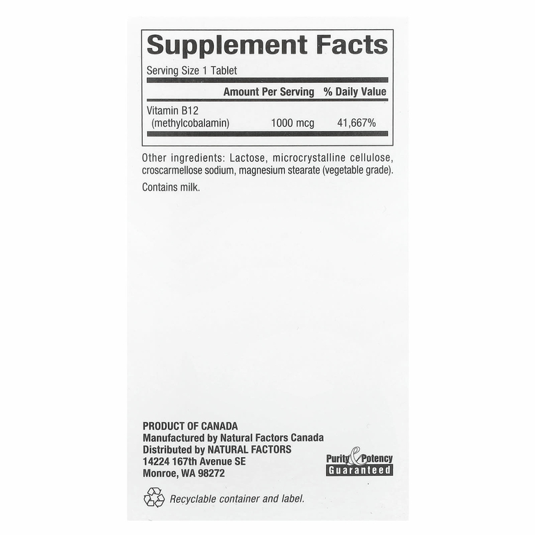 Natural Factors, B12, метилкобаламин, 1000 мкг, 180 жевательных таблеток