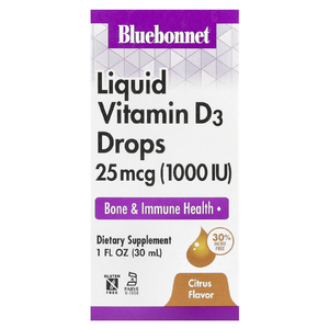 Bluebonnet Nutrition, жидкий витамин D3 в каплях, цитрус, 25 мкг (1000 МЕ), 30 мл (1 жидк. унция)
