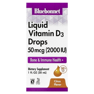 Bluebonnet Nutrition, жидкий витамин D3 в каплях, цитрус, 50 мкг (2000 МЕ), 30 мл (1 жидк. унция)