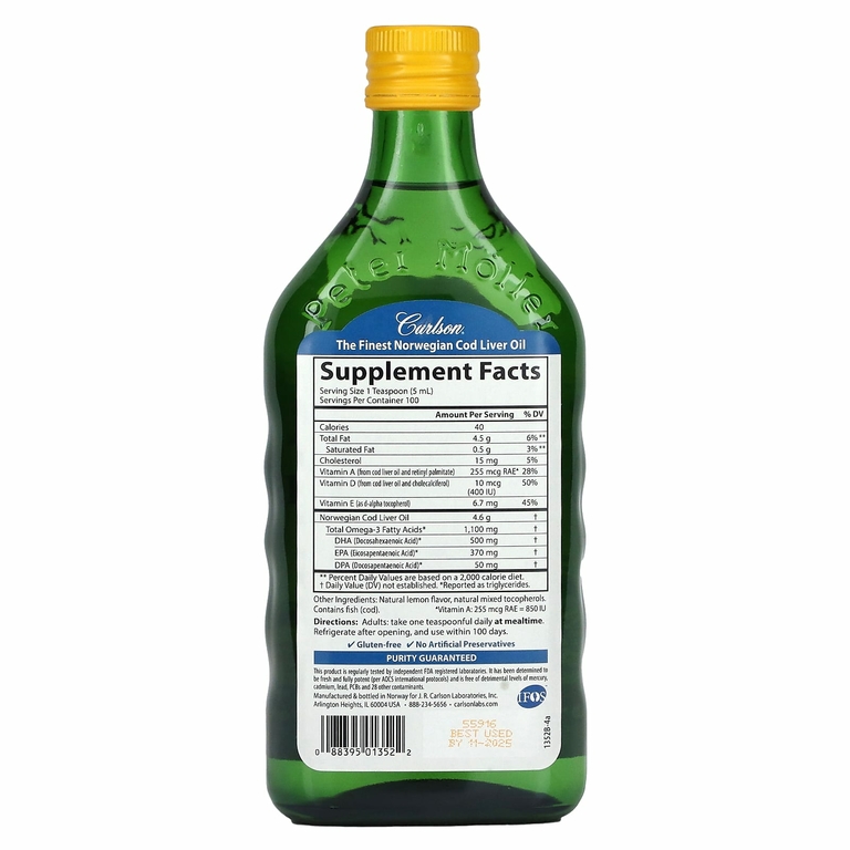Carlson, жир печени дикой норвежской трески, натуральный лимонный вкус, 500 мл (16,9 жидк. унции)
