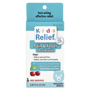 Homeolab USA, Kids Relief, жидкость для перорального применения от боли и лихорадки, для детей 0–12 лет, со вкусом вишни, 25 мл (0,85 жидк. унц.)