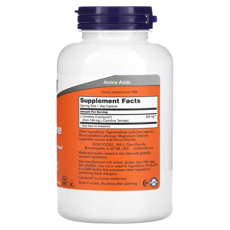 NOW Foods, L-карнитин, 500 мг, 180 растительных капсул