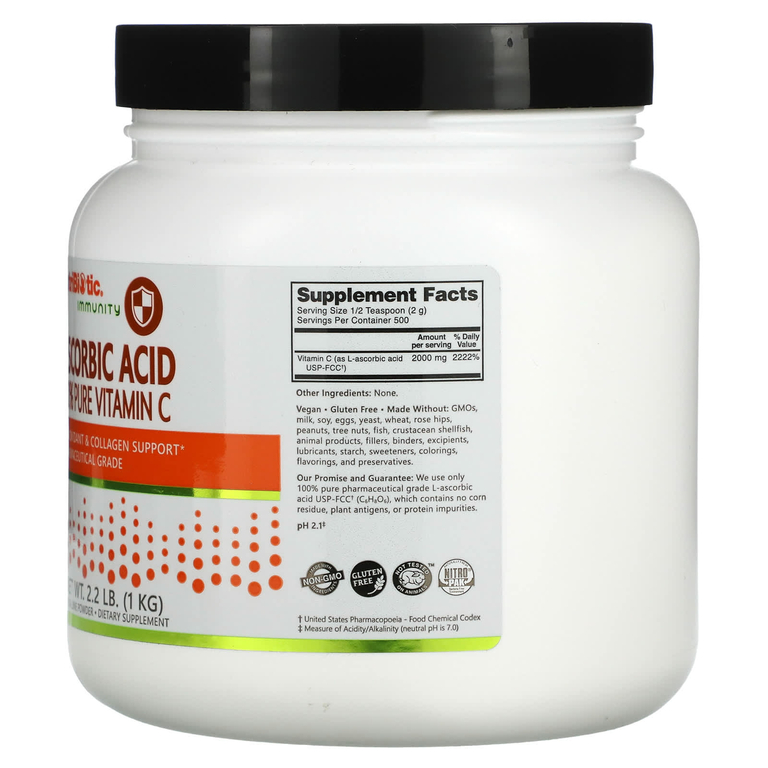 NutriBiotic, Immunity, аскорбиновая кислота, 100% чистый витамин C, кристаллический порошок, 1 кг (2,2 фунта)