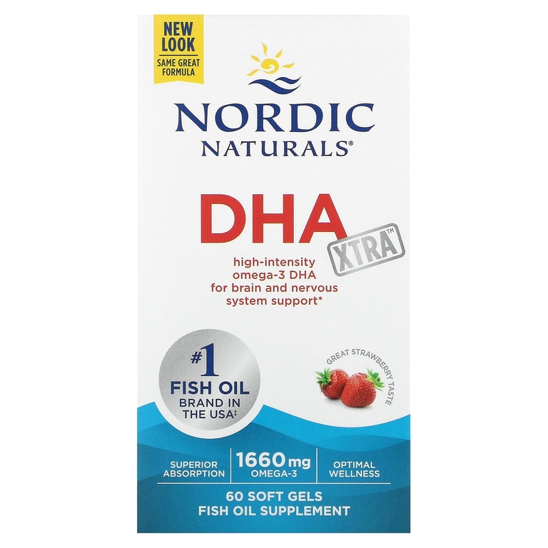 Nordic Naturals, DHA Xtra, клубничный вкус, 60 капсул