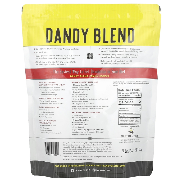 Dandy Blend, Растворимый травяной напиток с одуванчиком, без кофеина, 400 г (14,1 унции)