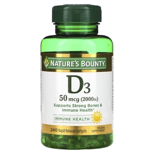 Nature's Bounty, витамин D3, здоровье иммунной системы, 50 мкг (2000 МЕ), 240 капсул быстрого высвобождения