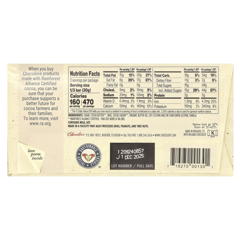 Chocolove, молочный шоколад, 33% какао, 90 г (3,2 унции)