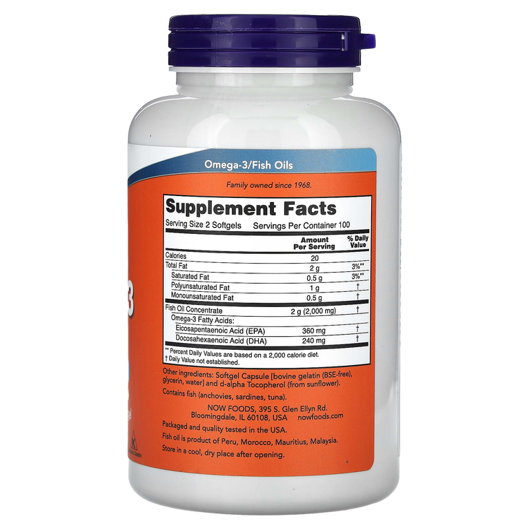 NOW Foods, рыбий жир с омега-3, 1000 мг, 180 ЭПК, 120 ДГК, 200 капсул