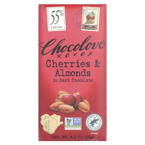 Chocolove, вишни и миндаль в темном шоколаде, 55% какао, 90 г (3,2 жидк. унции)
