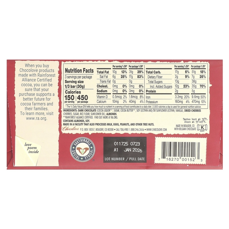 Chocolove, вишни и миндаль в темном шоколаде, 55% какао, 90 г (3,2 жидк. унции)