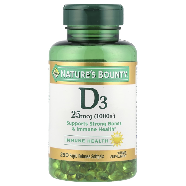 Nature's Bounty, D3, 25 мкг (1000 МЕ), 250 мягких таблеток ускоренного высвобождения