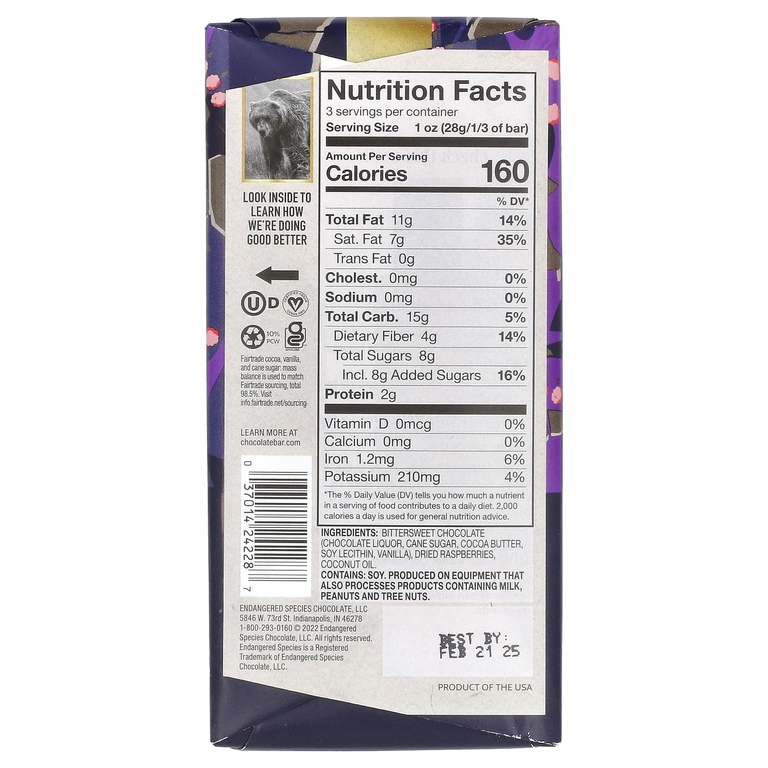 Endangered Species Chocolate, плитка темного шоколада с малиной, 72% какао, 85 г (3 унции)