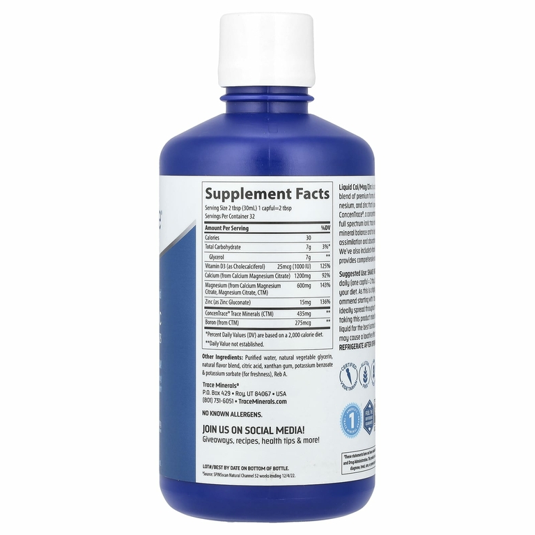 Trace Minerals ®, жидкая добавка с кальцием, магнием и цинком, натуральный клубничный вкус, 946 мл (32 жидк. унции)